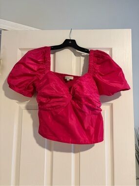 LOFT Hot Pink Puff Sleeve Cropped Blouse
